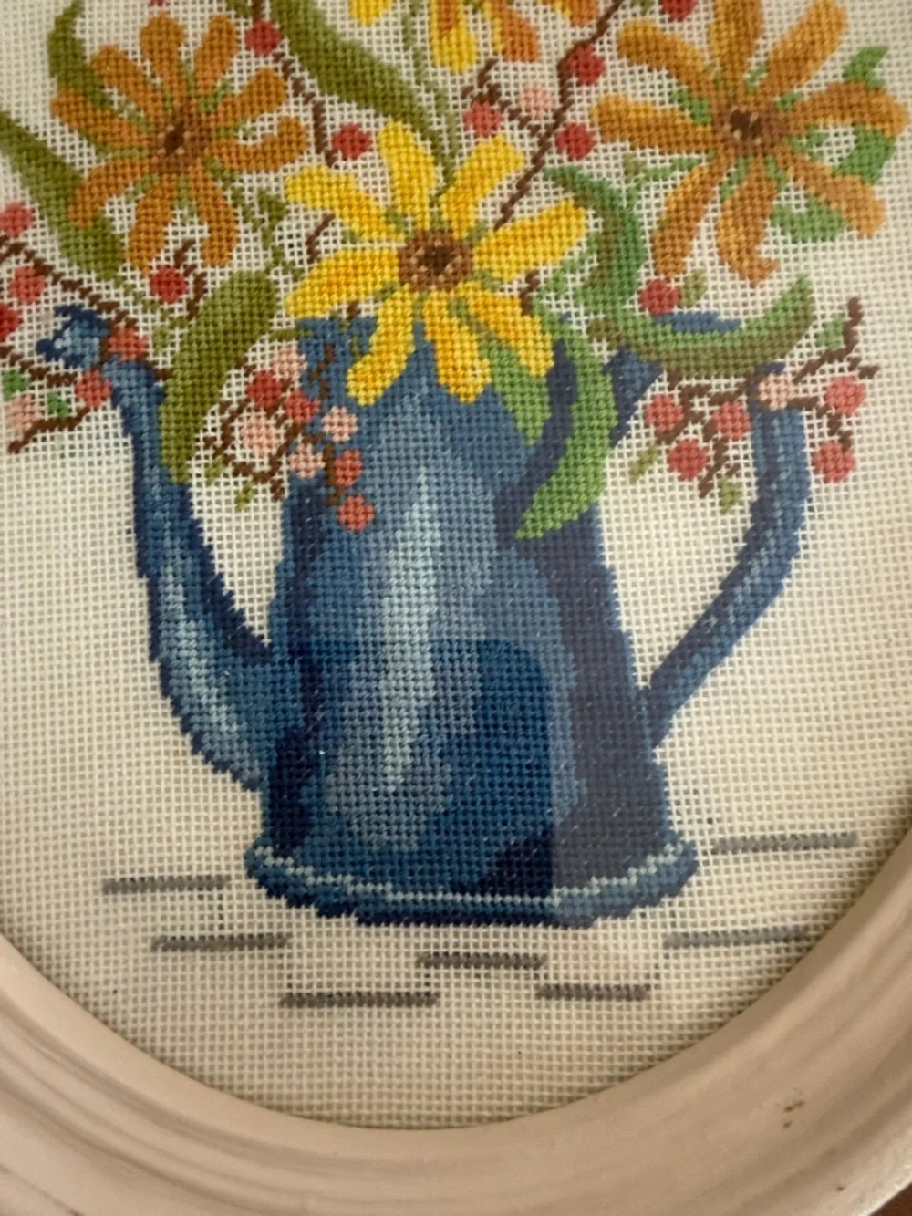 Vintage Floral Cross Stitch in Blue Pitcher - Yellow Flowers